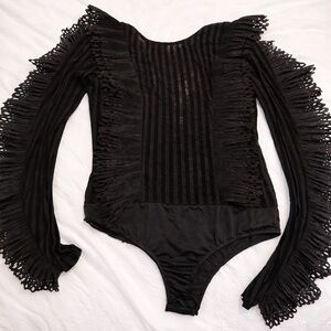 Black Fringe Long Sleeve Bodysuit